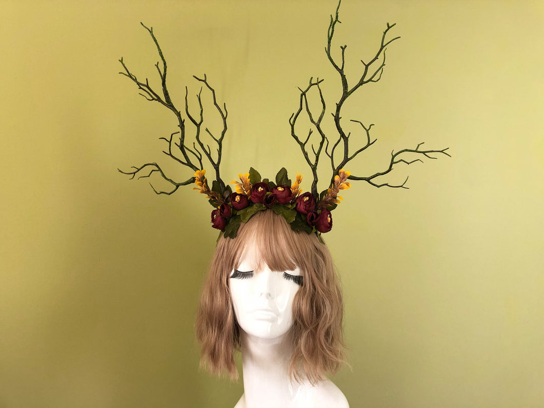 Black Green Branch Horn Red Flowers  Nymph Forest Horn Headdress Antlers Red Green