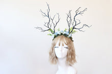 Load image into Gallery viewer, Black Blue Branch Horn Demon Nymph Horn Headdress Antlers Light Blue Flowers Roes Nauturl