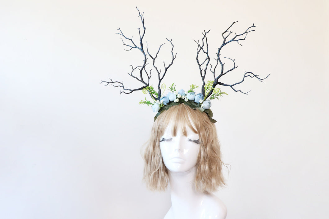 Black Blue Branch Horn Demon Nymph Horn Headdress Antlers Light Blue Flowers Roes Nauturl