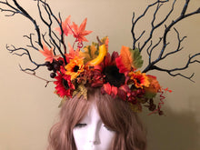 Load image into Gallery viewer, HORNS Autumn Costume Forest Headdress Horror Headdress Black Branch Horn SunFlowers Nymph Horn  Headwear Antlers Halloween