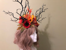 Load image into Gallery viewer, HORNS Autumn Costume Forest Headdress Horror Headdress Black Branch Horn SunFlowers Nymph Horn  Headwear Antlers Halloween