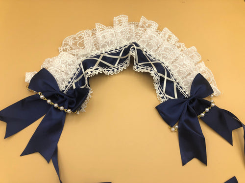 Lolita Maid Cute Headwear Headband Navy Blue Deep Blue White Ribbon Pearl Bows Beads Chain Lace Costume Halloween Cosplay Japanese