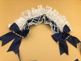 NALUMI Lolita Maid Headdress, Navy and White Lace with Bows and Pearls