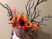 Load image into Gallery viewer, HORNS Autumn Costume Forest Headdress Horror Headdress Black Branch Horn SunFlowers Nymph Horn  Headwear Antlers Halloween