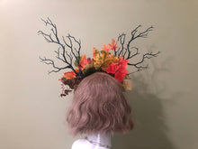 Load image into Gallery viewer, HORNS Autumn Costume Forest Headdress Horror Headdress Black Branch Horn SunFlowers Nymph Horn  Headwear Antlers Halloween