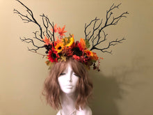 Load image into Gallery viewer, HORNS Autumn Costume Forest Headdress Horror Headdress Black Branch Horn SunFlowers Nymph Horn  Headwear Antlers Halloween