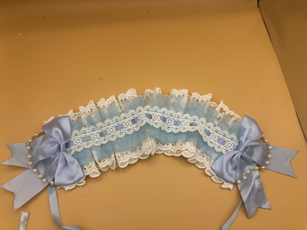 Lolita Maid Cute Headwear Headband Sky Blue Light Blue White Ribbon Pearl Bows Beads Chain Lace Costume Halloween Cosplay Japanese