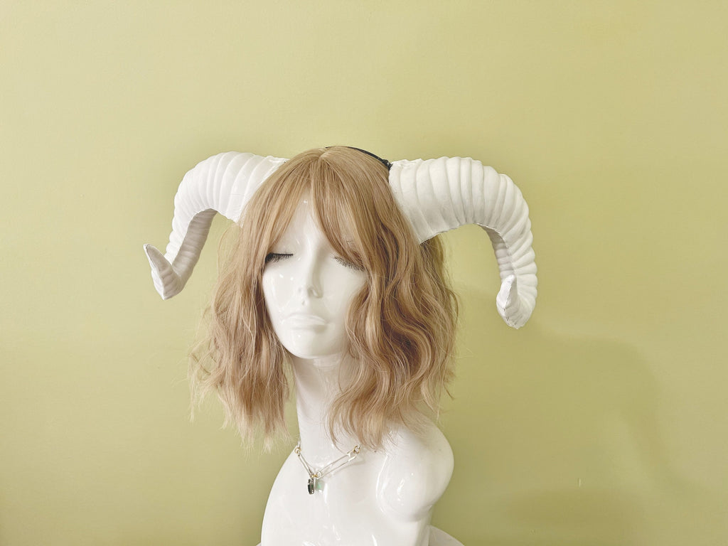 Plain White Huge Ram Horn Headdress – Forest Gothic Demon Nymph Headband for Photography & Cosplay | NALUMI