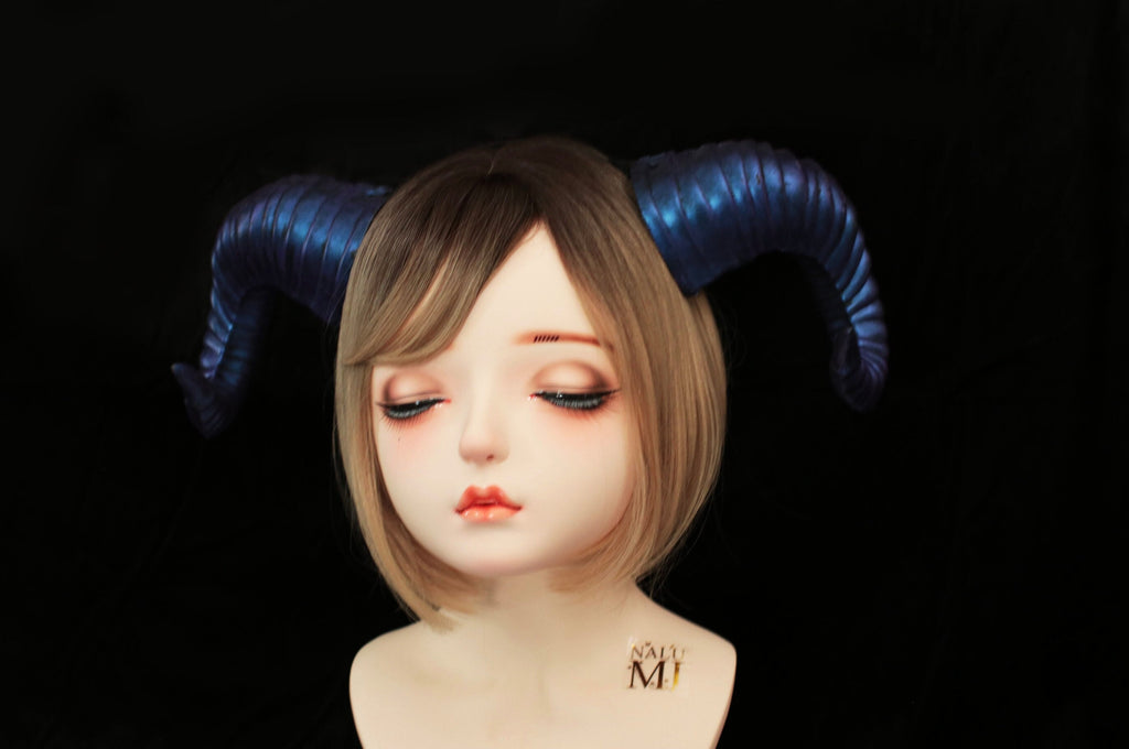 Galaxy Purple Blue Huge Horn Forest Gothic Demon Nymph Ram Horn Headdress Headband Punk Evil sheep Diablo Photography Cosplay【NALUMI】