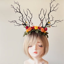 Load image into Gallery viewer, Black Forest Nymph Antler Headdress - Floral Red Orange Yellow Flowers Green Leaves Halloween Costume Headpiece【NALUMI】
