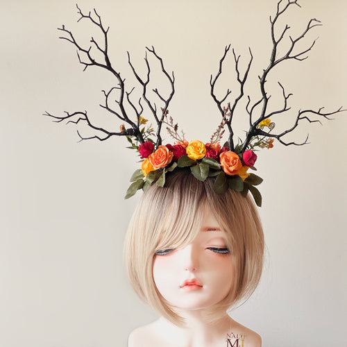 Black Forest Nymph Antler Headdress - Floral Red Orange Yellow Flowers Green Leaves Halloween Costume Headpiece【NALUMI】