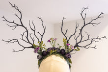 Load image into Gallery viewer, HORNS HEAD DRESS Unique Costume Forest Headdress Dark Purple Silver Black Branch Horn Flowers Nymph Horn Headwear Antlers Halloween