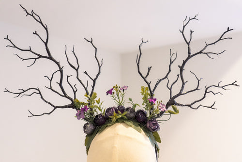 HORNS HEAD DRESS Unique Costume Forest Headdress Dark Purple Silver Black Branch Horn Flowers Nymph Horn Headwear Antlers Halloween