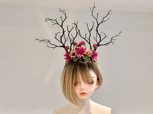 Green Branch Pink Daisy Flowers Horn Demon Nymph Horn Headdress Antlers 2
