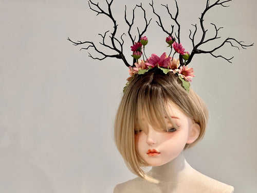 Green Branch Pink Daisy Flowers Horn Demon Nymph Horn Headdress Antlers
