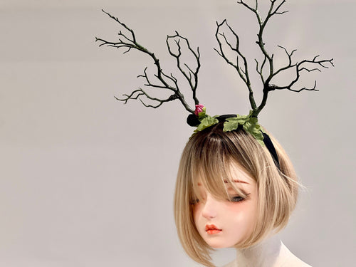Dark Green with purple pink flowers Branch Horn Demon Nymph Horn Headdress Antlers Costume