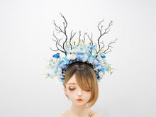 Load image into Gallery viewer, HORNS HEAD DRESS Unique Costume Forest Headdress Horror Blue White Flowers Butterfly Black Branch  Nymph Floral Headwear Antlers Halloween