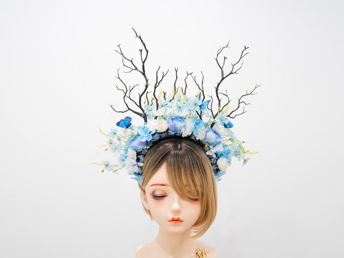 HORNS HEAD DRESS Unique Costume Forest Headdress Horror Blue White Flowers Butterfly Black Branch  Nymph Floral Headwear Antlers Halloween