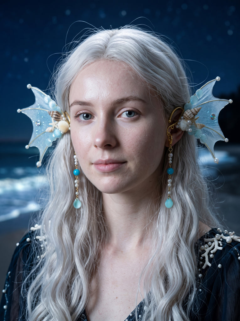 Front view of light blue mermaid fin ear cuffs with shells and pearl pendants worn on both ears by a model with long white hair against a night sea backdrop (AI-generated model image)