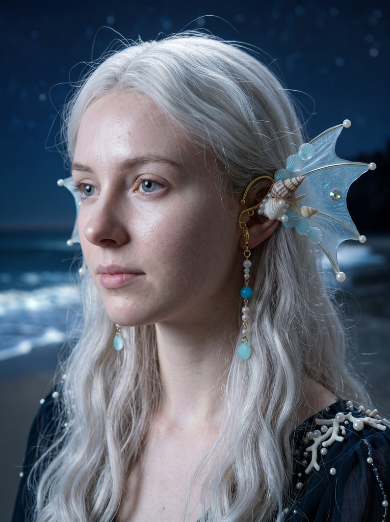 Three-quarter profile of a light blue mermaid fin ear cuff with shells and a pearl and blue bead pendant worn by a model with long white hair (AI-generated model image)