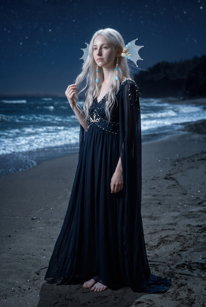 Full-body view of light blue mermaid fin ear cuffs worn by a model in a long dark dress standing on a beach at night (AI-generated model image)