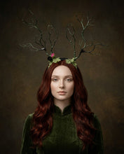 Load image into Gallery viewer, Dark Green with purple pink flowers Branch Horn Demon Nymph Horn Headdress Antlers Costume