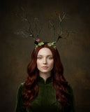 Dark Green with purple pink flowers Branch Horn Demon Nymph Horn Headdress Antlers Costume