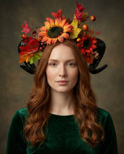 Load image into Gallery viewer, Black Horns Ram Pumpkin Sunflower Flowers Nymph Forest Goat Headdress Sheep Maple leaf Red Yellow Orange