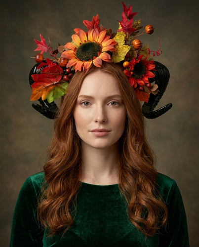 Black Horns Ram Pumpkin Sunflower Flowers Nymph Forest Goat Headdress Sheep Maple leaf Red Yellow Orange