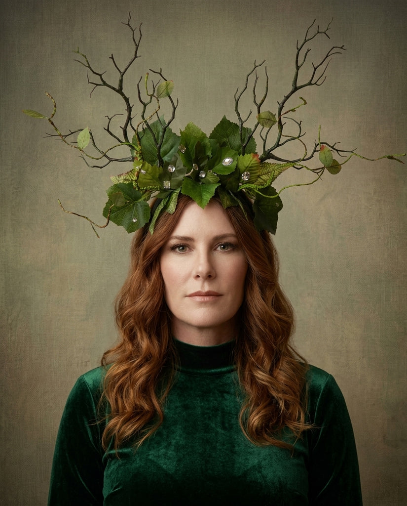 Dark Green Branch Horn Mix Leaves Rhinestones bling Vine Nymph Forest Horn Headdress Headwear Antlers Green Elf Halloween Costume【NALUMI】