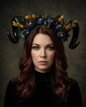 Load image into Gallery viewer, GOAT HORNS HEADDRESS - Flower Head Piece - Ram Horns Headpiece - Unique Head Piece - Forest Headdress - Head Piece Festival