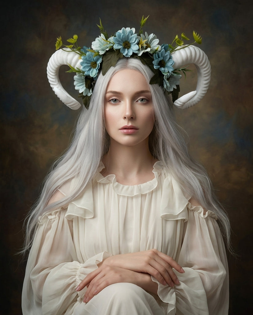White Horns Ram Blue Daisy Flowers Nymph Forest Goat Headdress Sheep Blue sky