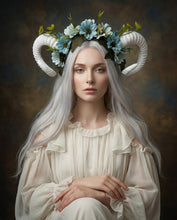 Load image into Gallery viewer, White Horns Ram Blue Daisy Flowers Nymph Forest Goat Headdress Sheep Blue sky