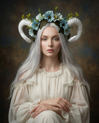 White Horns Ram Blue Daisy Flowers Nymph Forest Goat Headdress Sheep Blue sky