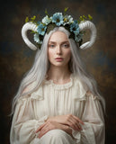 White Horns Ram Blue Daisy Flowers Nymph Forest Goat Headdress Sheep Blue sky