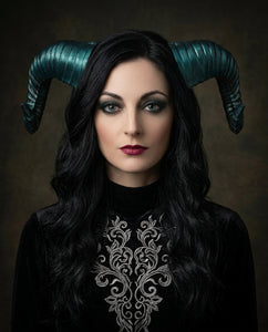 Galaxy Lake Green Blue Huge Horn Forest Gothic Demon Nymph Ram Horn Headdress Headband Punk Evil sheep Diablo Photography Cosplay【NALUMI】