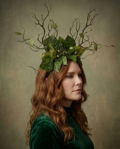 Dark Green Branch Horn Mix Leaves Rhinestones bling Vine Nymph Forest Horn Headdress Headwear Antlers Green Elf Halloween Costume【NALUMI】