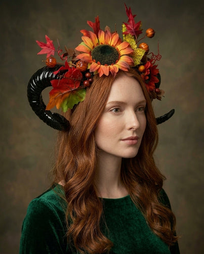 Black Horns Ram Pumpkin Sunflower Flowers Nymph Forest Goat Headdress Sheep Maple leaf Red Yellow Orange