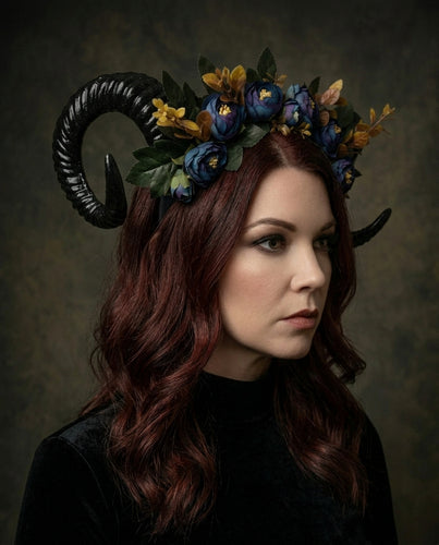 GOAT HORNS HEADDRESS - Flower Head Piece - Ram Horns Headpiece - Unique Head Piece - Forest Headdress - Head Piece Festival