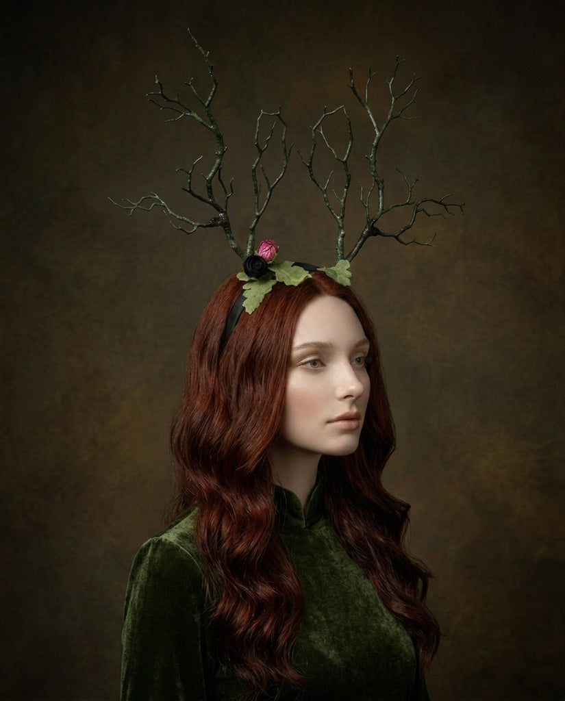 Dark Green with purple pink flowers Branch Horn Demon Nymph Horn Headdress Antlers Costume
