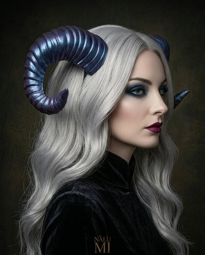 Galaxy Purple Blue Huge Horn Forest Gothic Demon Nymph Ram Horn Headdress Headband Punk Evil sheep Diablo Photography Cosplay【NALUMI】