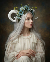 Load image into Gallery viewer, White Horns Ram Blue Daisy Flowers Nymph Forest Goat Headdress Sheep Blue sky