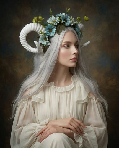 White Horns Ram Blue Daisy Flowers Nymph Forest Goat Headdress Sheep Blue sky
