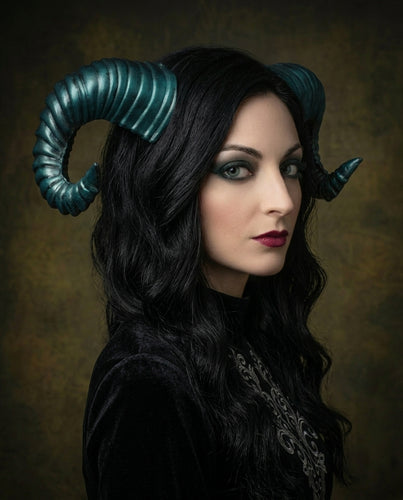 Galaxy Lake Green Blue Huge Horn Forest Gothic Demon Nymph Ram Horn Headdress Headband Punk Evil sheep Diablo Photography Cosplay【NALUMI】