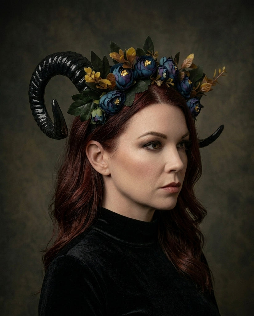 GOAT HORNS HEADDRESS - Flower Head Piece - Ram Horns Headpiece - Unique Head Piece - Forest Headdress - Head Piece Festival