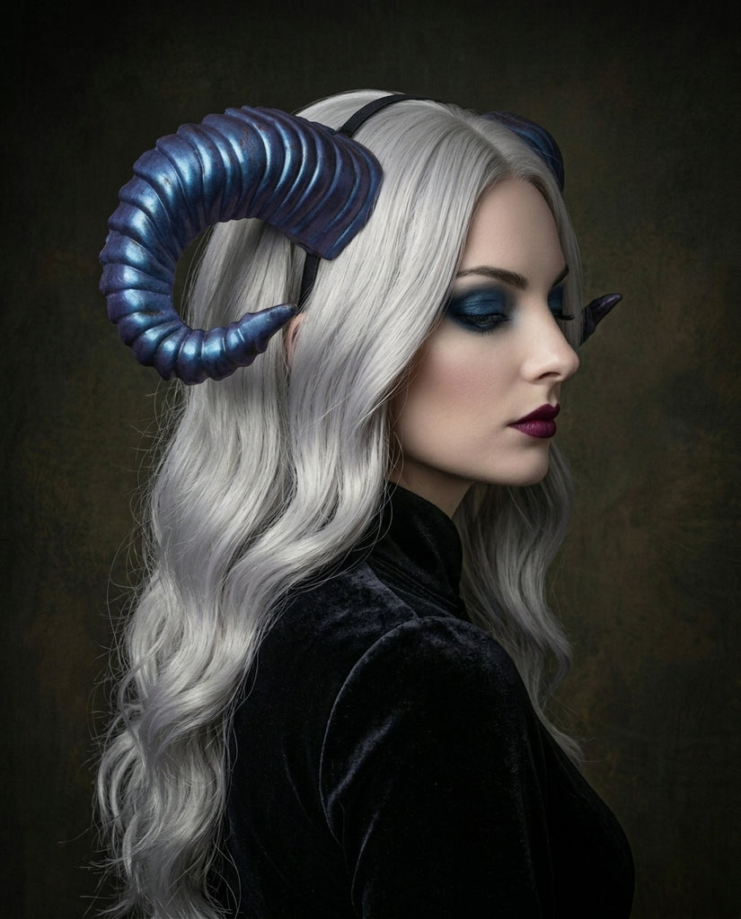 Galaxy Purple Blue Huge Horn Forest Gothic Demon Nymph Ram Horn Headdress Headband Punk Evil sheep Diablo Photography Cosplay【NALUMI】