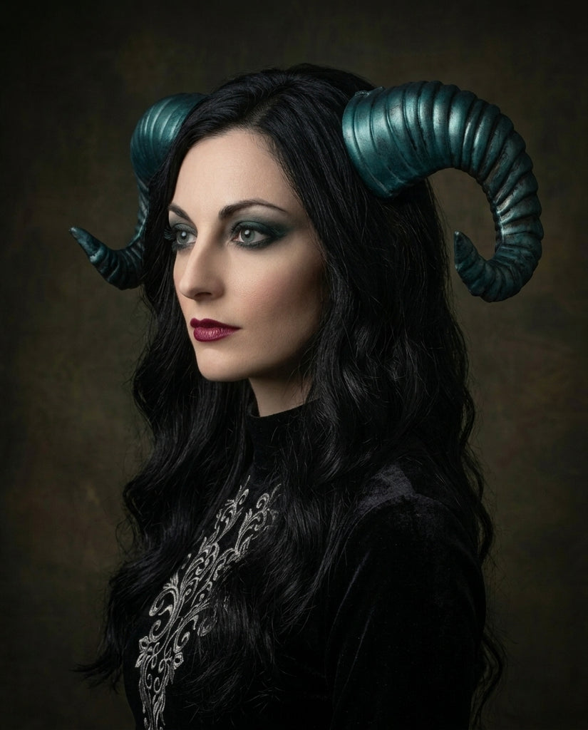 Galaxy Lake Green Blue Huge Horn Forest Gothic Demon Nymph Ram Horn Headdress Headband Punk Evil sheep Diablo Photography Cosplay【NALUMI】