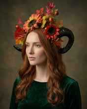 Load image into Gallery viewer, Black Horns Ram Pumpkin Sunflower Flowers Nymph Forest Goat Headdress Sheep Maple leaf Red Yellow Orange