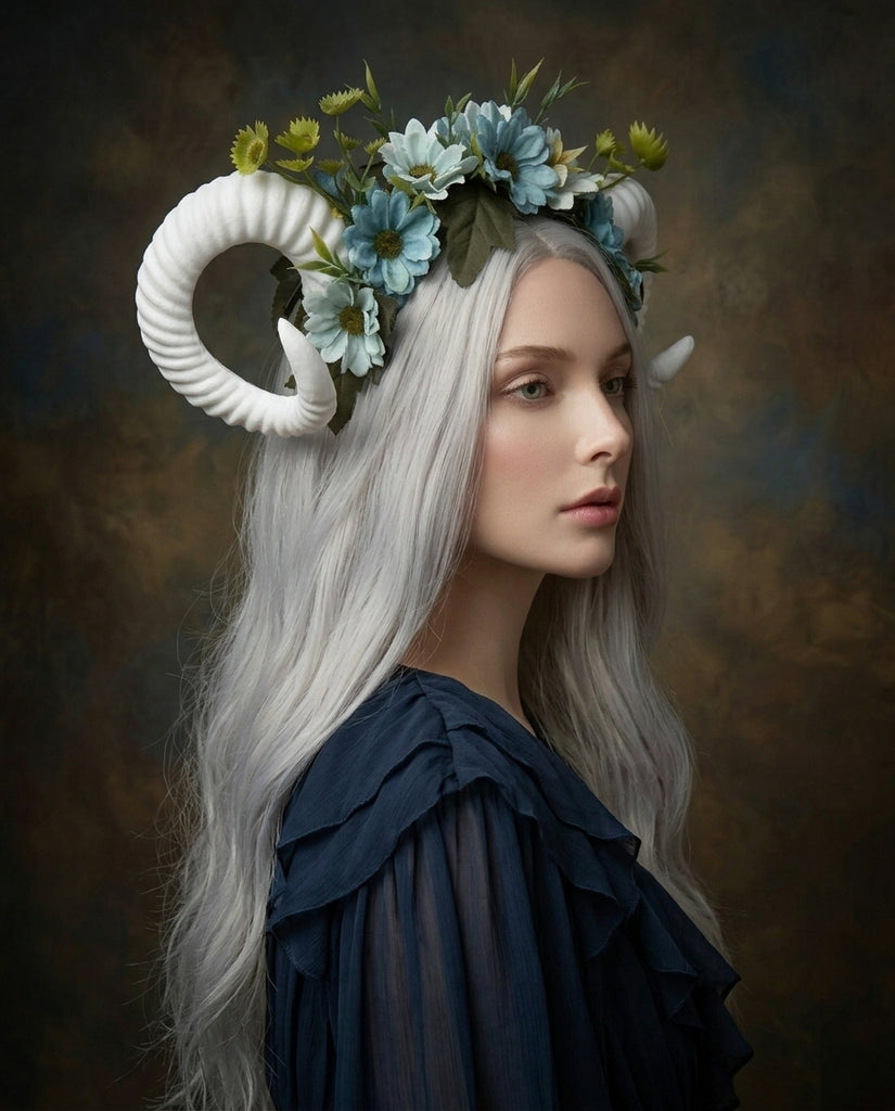 White Horns Ram Blue Daisy Flowers Nymph Forest Goat Headdress Sheep Blue sky