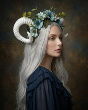 Load image into Gallery viewer, White Horns Ram Blue Daisy Flowers Nymph Forest Goat Headdress Sheep Blue sky